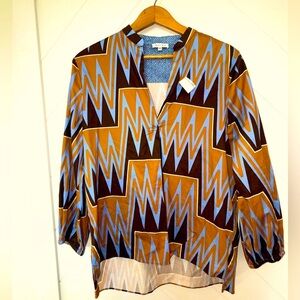New PATTY KIM Elsa Blouse tunic camel blue chevron 3/4 sleeve $240 med